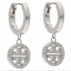 Tory Burch silver tone Miller pave hoop earrings